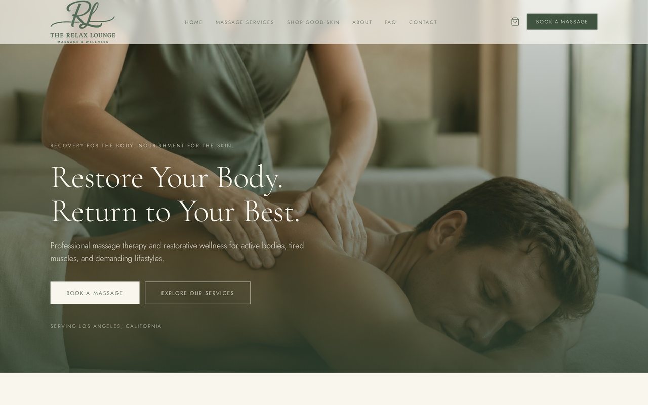 Screenshot of The Relax Lounge homepage showing the massage therapy and wellness presentation.