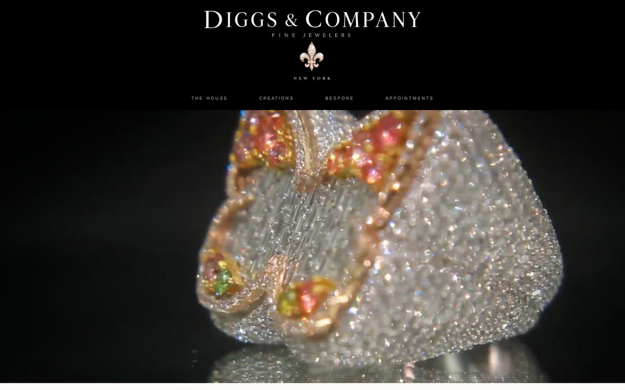 Screenshot of the Diggs and Company homepage showing the custom fine jewelry presentation.