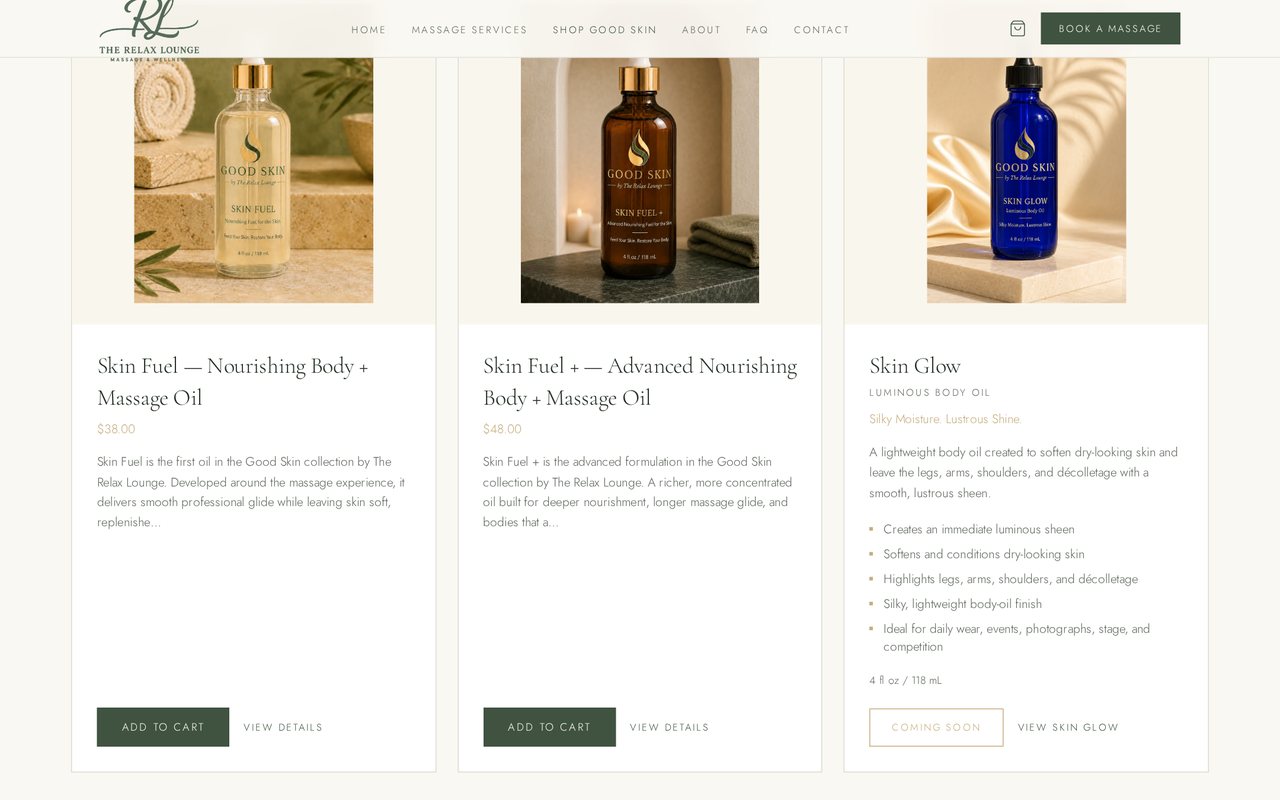 Screenshot of the Good Skin by The Relax Lounge landing page showing the Skin Fuel, Skin Fuel Plus, and Skin Glow body oils.
