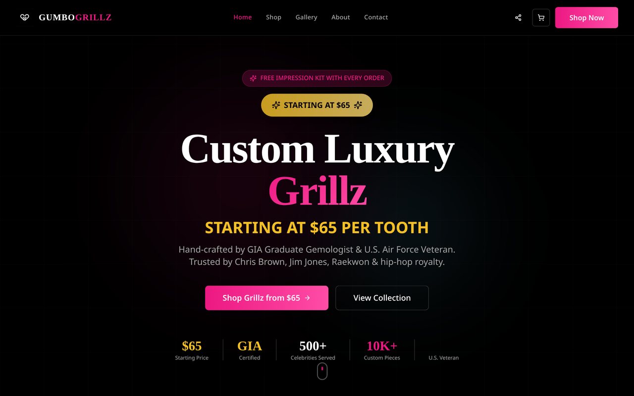 Screenshot of the GumboGrillz homepage showing the custom luxury grillz presentation.