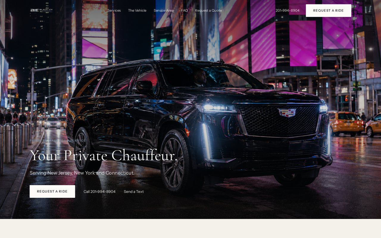 Screenshot of the Black Ice Express homepage showing the private chauffeur service presentation.