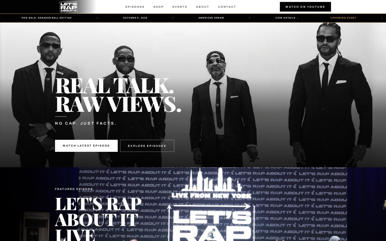 Let’s Rap About It homepage with the authentic four-arrow logo, suited hosts Fabolous, Maino, Dave East, and Jim Jones, and the headline REAL TALK. RAW VIEWS.