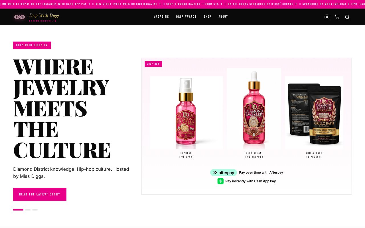 Screenshot of the Drip With Diggs homepage showing the jewelry, media, and culture presentation.